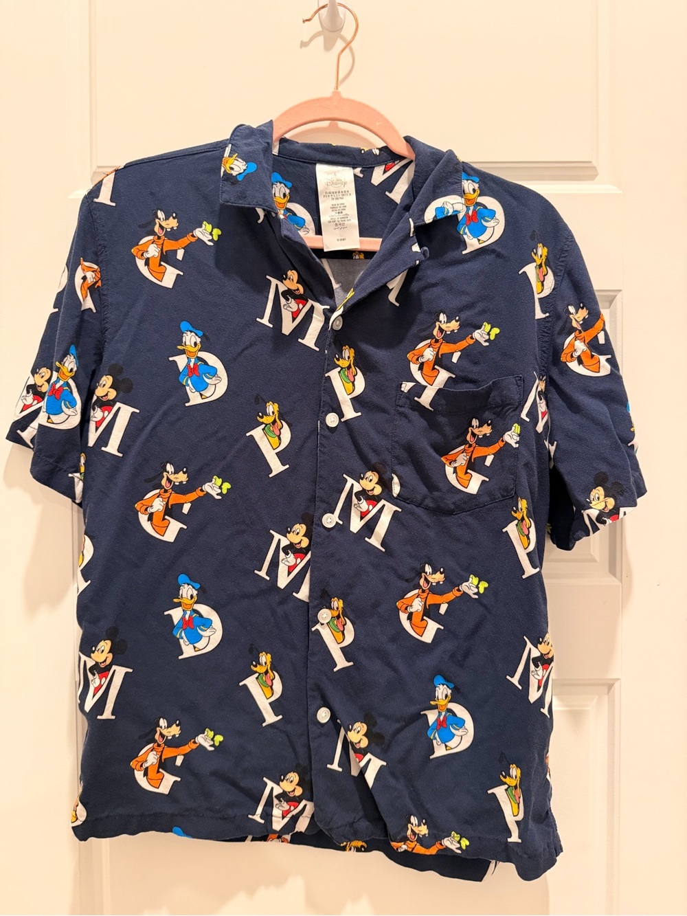 Disney Navy Short-Sleeve Button-Up Shirt with Mickey, Donald & Goofy Print